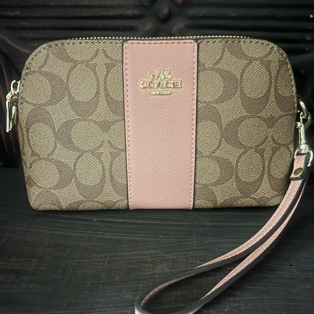 Coach Signature Canvas Wristlet in Pink and Brown with Long Strap